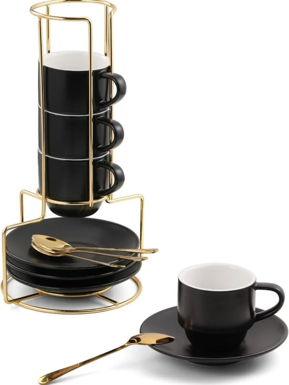 Set of 4 Stackable Espresso Cups with Saucers & Spoons - Ceramic Demitasse Mugs